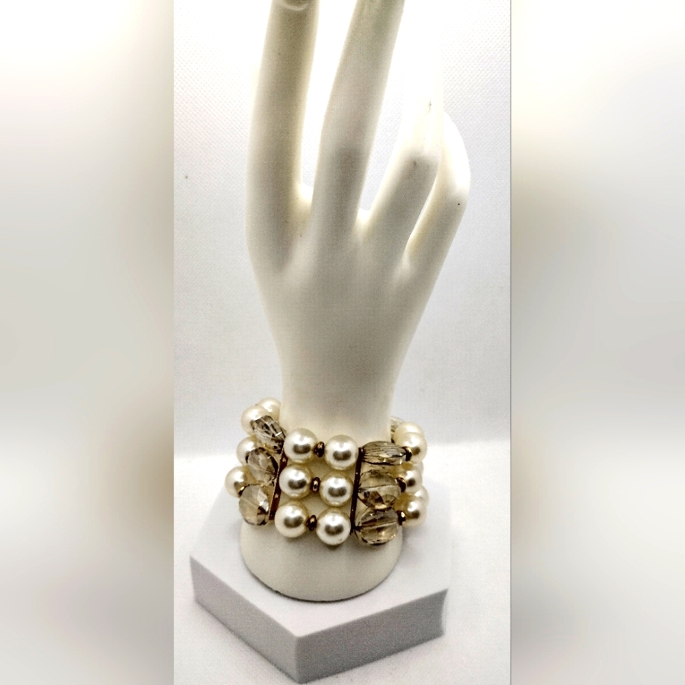 Fashion Chunky Faux Pearl Clear Glass Beads and Rhinestone Bracelet
